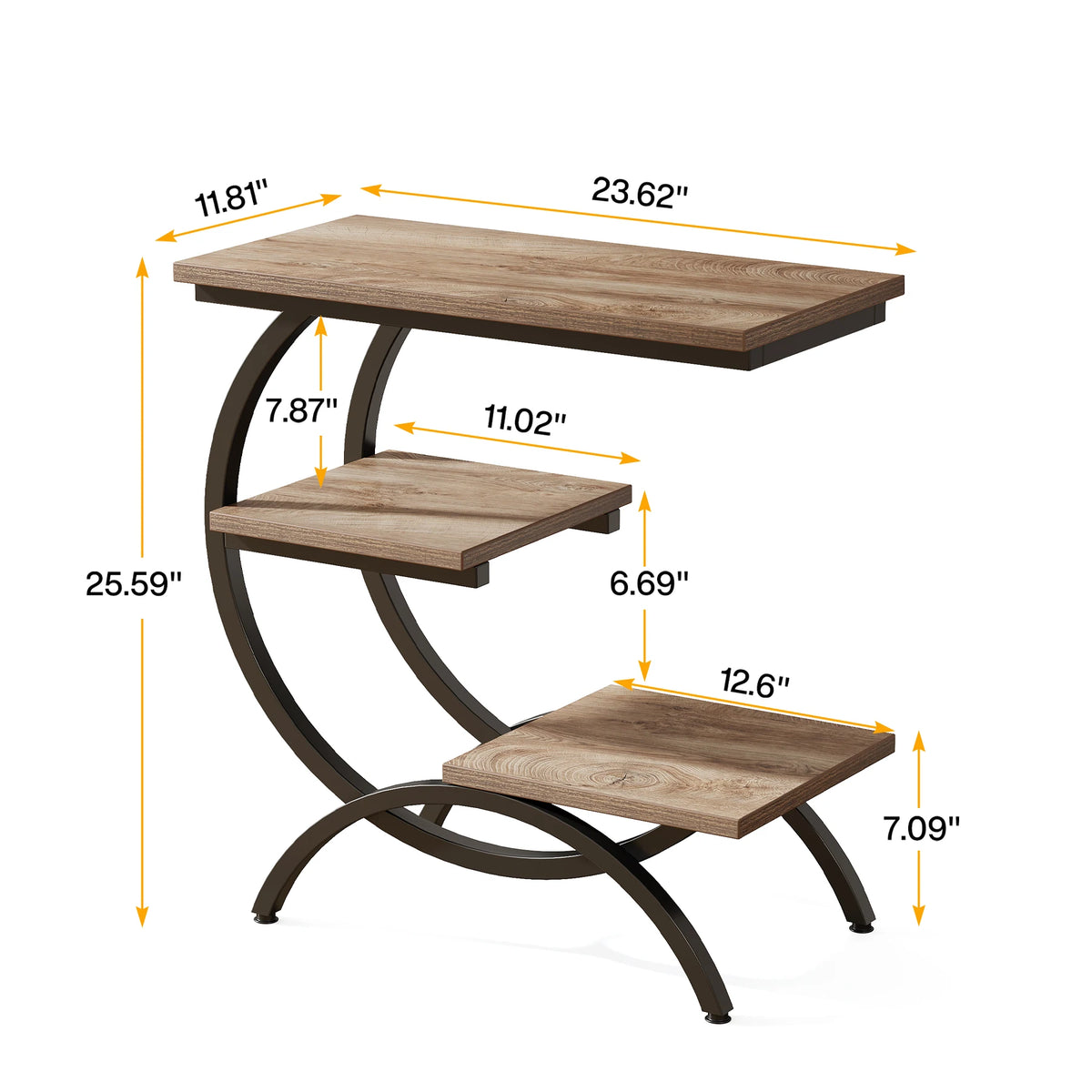 Tribesigns C-Shaped End Table, Industrial 3-Tier Small Table for Couch, Wood Bedside Table Snack Table with Storage Shelves