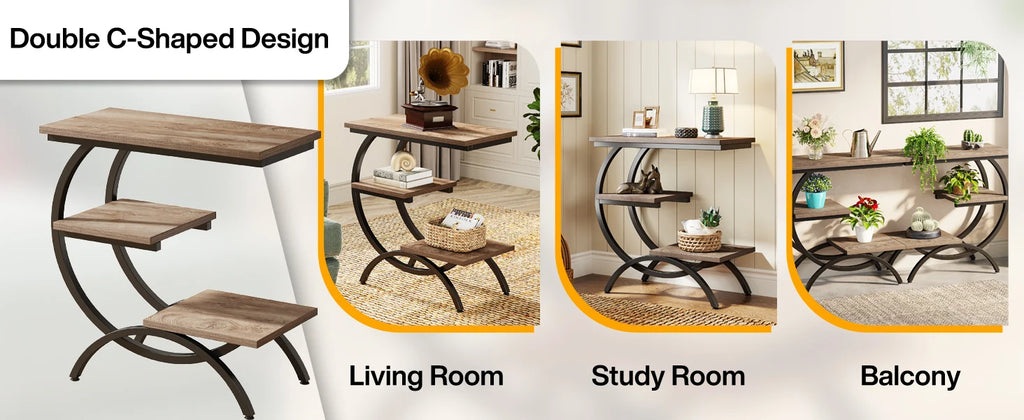 Tribesigns C-Shaped End Table, Industrial 3-Tier Small Table for Couch, Wood Bedside Table Snack Table with Storage Shelves