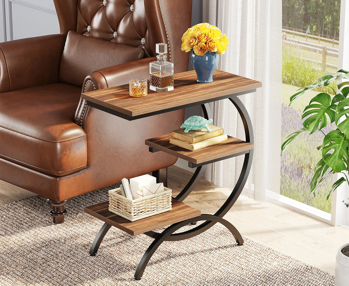 Tribesigns C-Shaped End Table, Industrial 3-Tier Small Table for Couch, Wood Bedside Table Snack Table with Storage Shelves